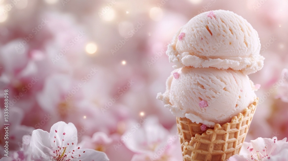 Fototapeta premium Delicate pink ice cream in waffle cone, surrounded by cherry blossoms