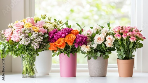Wallpaper Mural A vibrant display of colorful flower bouquets in a bright florist shop, showcasing roses, carnations, and assorted fresh blooms in decorative pots. Torontodigital.ca