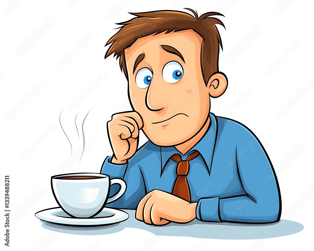 Worried man coffee break office desk stress Worried man coffee break office desk stress