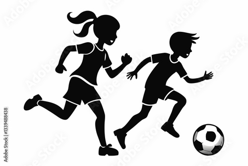 siblings are playing with a soccer ball line art silhouette vector illustration