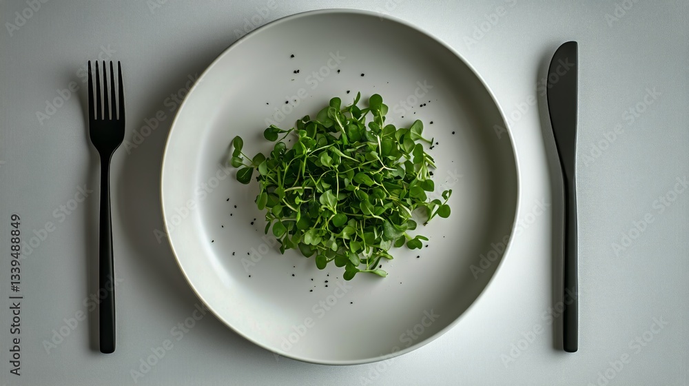 Green Microgreens on White Plate With Black Utensils for Healthy Lunch or Diet Green Microgreens on White Plate With Black Utensils for Healthy Lunch or Diet