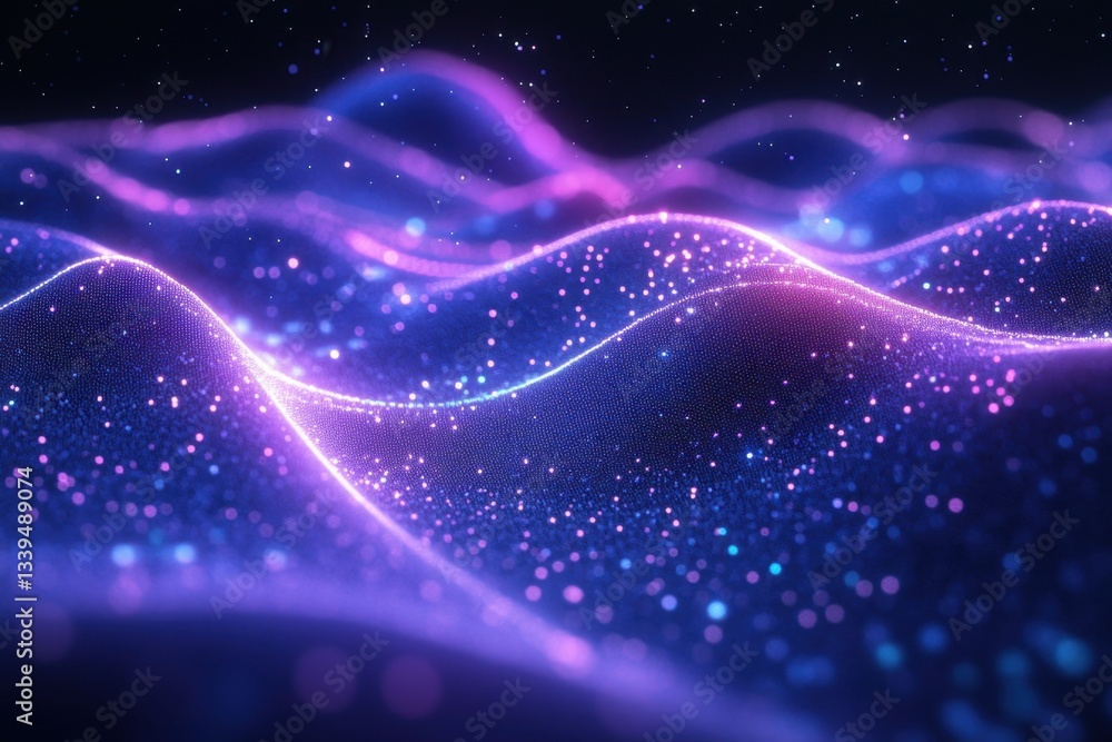 Enchanting digital landscape with flowing purple waves and shimmering particles creating a futuristic and dreamy atmosphere with a soft glow Enchanting digital landscape with flowing purple waves and shimmering particles creating a futuristic and dreamy atmosphere with a soft glow