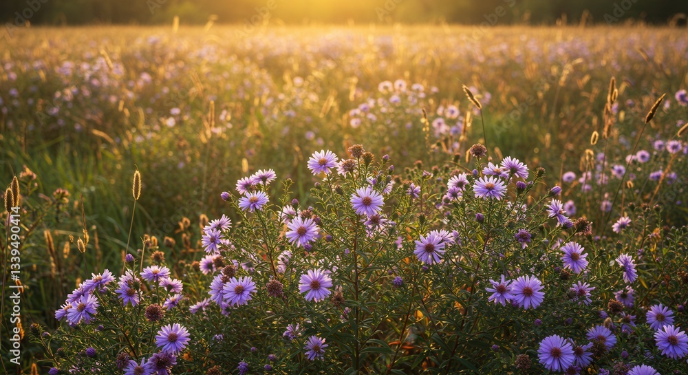 Obraz premium Purple Aster Flowers Blooming in Meadow at Sunset with Golden Light