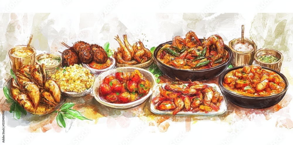 A Colorful Depiction of Various Prepared Seafood Dishes A Colorful Depiction of Various Prepared Seafood Dishes