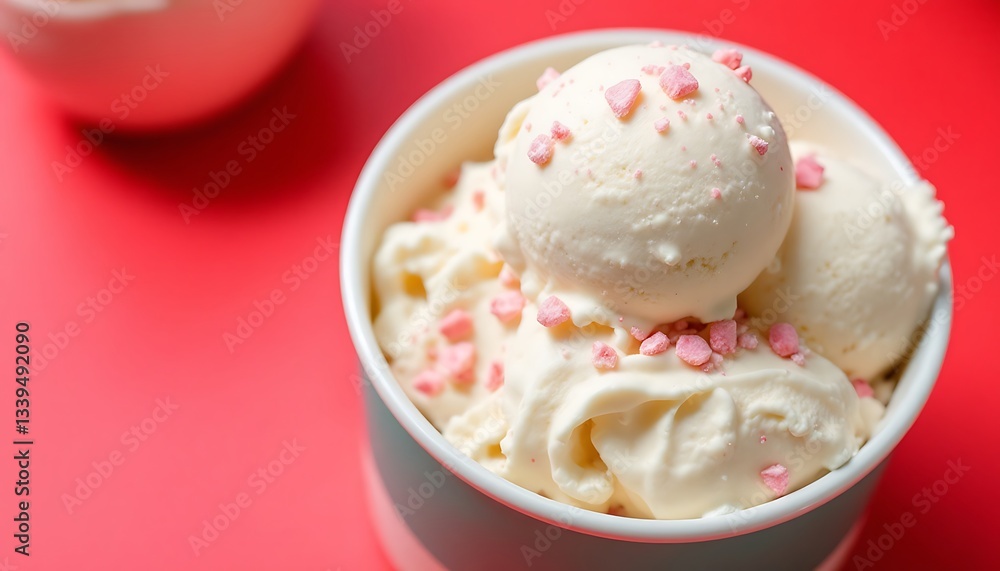 Close up of vanilla ice cream scoops in a bowl with pink sprinkles on a red background surface view Close up of vanilla ice cream scoops in a bowl with pink sprinkles on a red background surface view