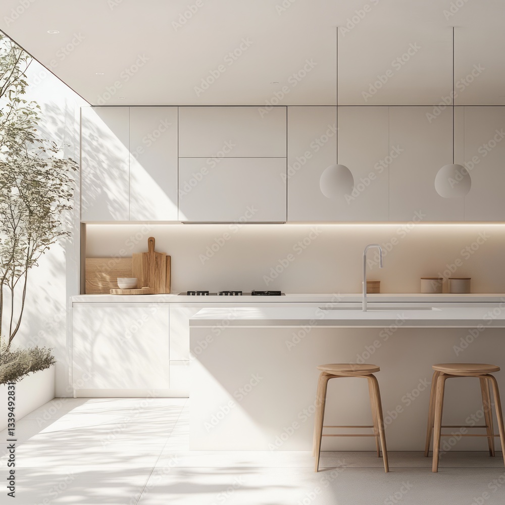 Fototapeta premium Modern white kitchen interior design with natural sunlight and plants