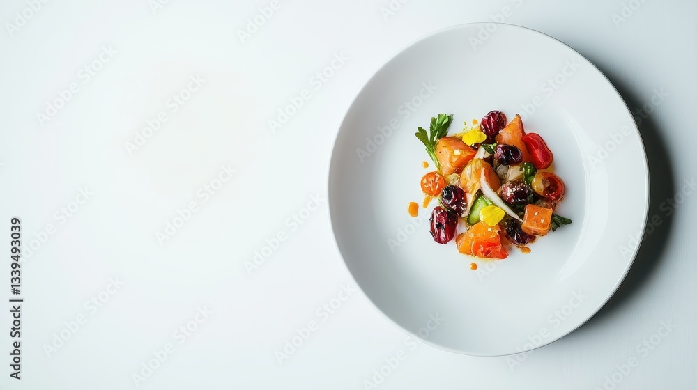 A colorful and artful salad arrangement presented on a white plate A colorful and artful salad arrangement presented on a white plate