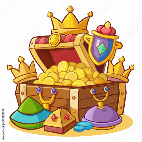 Treasure Chest Illustration with Gold Coins, Crowns, and Gems