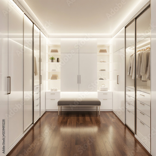 Minimalist walk-in closet with modern design, features a U-shaped layout with close shelving s, drawers for folded clothes and accessories, with neutral color palette. 