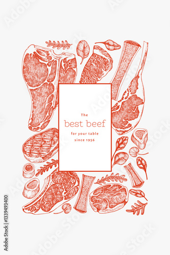 Butchery Shop Design Template. Vector Hand Drawn Meat Banner. Vintage Style Bar B Q Menu Illustration.