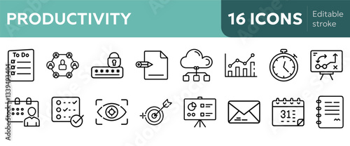 productivity tool icons to-do list, calendar, note-taking, email client, project management board, timer, cloud storage