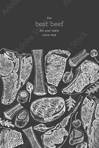 Butchery Shop Chalk Board Design Template. Vector Hand Drawn Meat Banner. Vintage Style Bar B Q Menu Illustration.