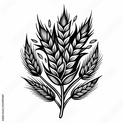 Intricate Black and White Wheat Sheaf Illustration with Detailed Leaves and Grains