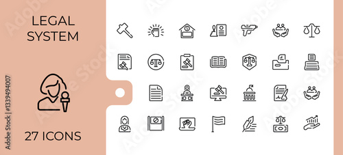 Justice line icon. Includes thin line symbols lawyer, judgement, crime, judgment, court and more. Minimal icons collection. Judge icon pack. Editable stroke. Vector collection.