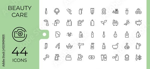 Beauty simple icon set. Included care, cream, health, face, makeup and more. Minimalist editable vector stroke. Cosmetic icon set in linear style. Pixel perfect. Vector illustration.