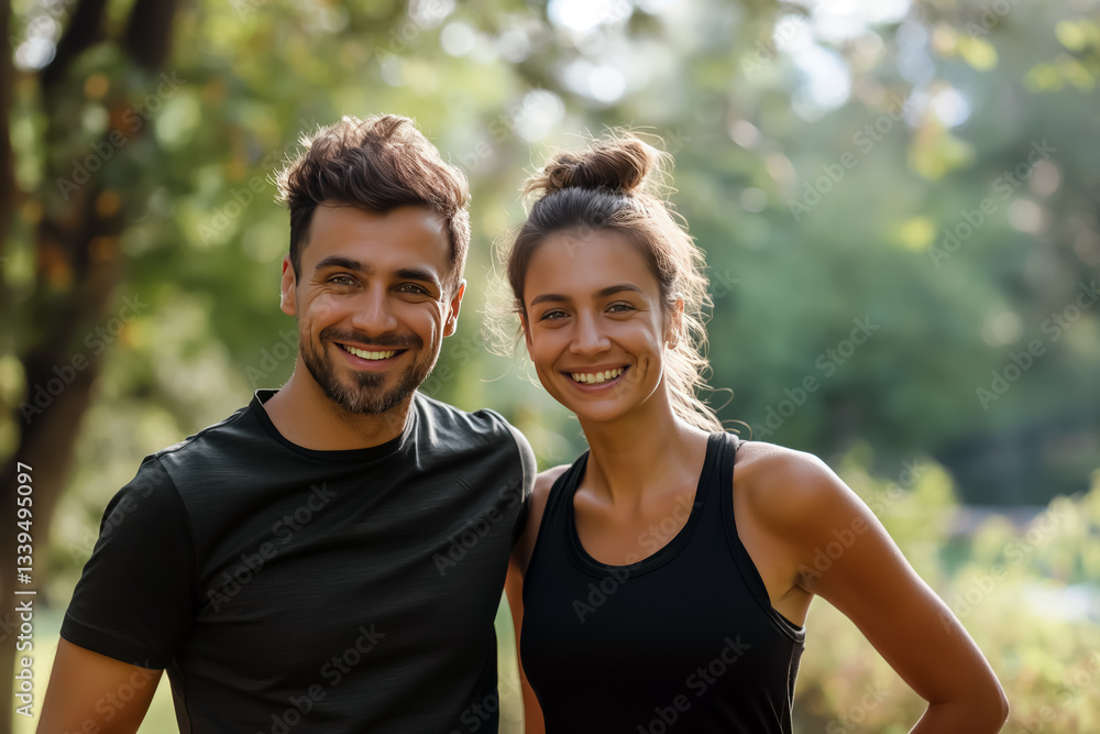Portrait of a Happy Athletic Couple in the Park, Enjoying Fitness and Wellness Together, Embracing a Healthy Lifestyle Outdoors. Portrait of a Happy Athletic Couple in the Park, Enjoying Fitness and Wellness Together, Embracing a Healthy Lifestyle Outdoors.