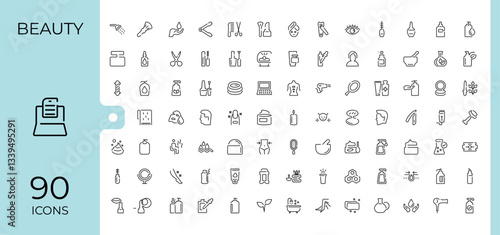 Beauty simple icon set. Included care, cream, health, face, makeup and more. Minimalist editable vector stroke. Cosmetic icon set in linear style. Pixel perfect. Vector illustration.