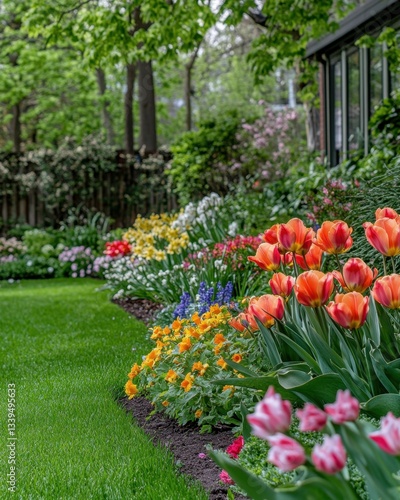 Wallpaper Mural Lush garden scene with vibrant tulips and colorful flowers in full bloom during springtime beauty Torontodigital.ca