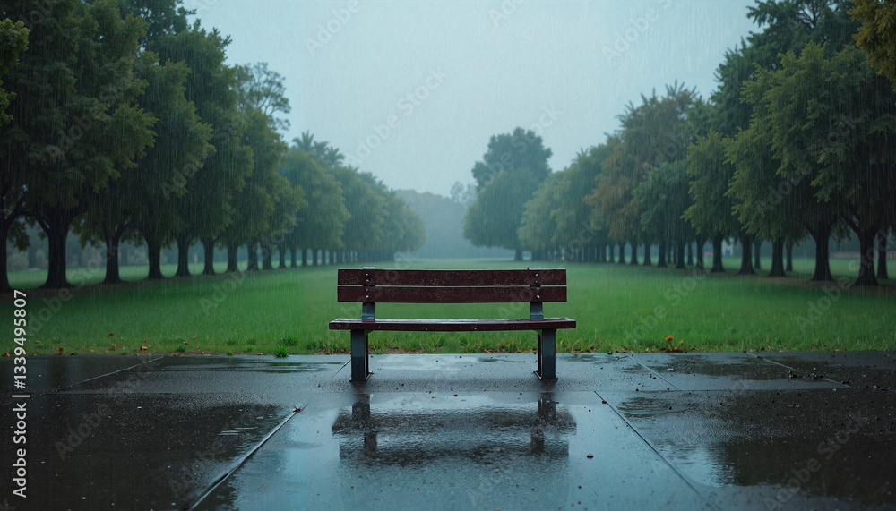 Obraz premium Lone bench in an empty park during heavy rain with overcast sky and occasional water splashes