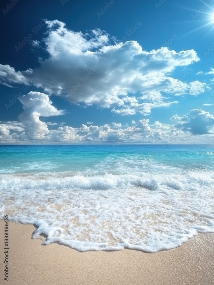 Serene beach scene with turquoise water gentle waves white sand fluffy clouds and a bright sun creating a peaceful and inviting atmosphere Serene beach scene with turquoise water gentle waves white sand fluffy clouds and a bright sun creating a peaceful and inviting atmosphere