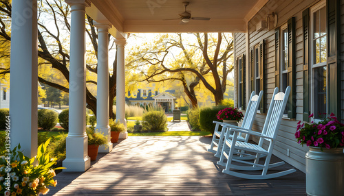 Wallpaper Mural Southern country living covered front porch summer spring day tree sunlight warm sunshine white rocking chairs , with white tonespng Torontodigital.ca