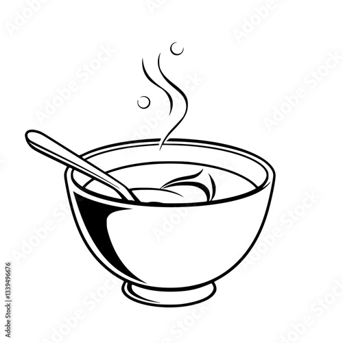 A steaming bowl of soup a spoon rests inside                                                       