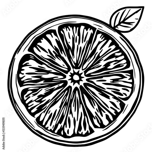 Citrus Slice Illustration: Black and White Ink Drawing of Orange                                    