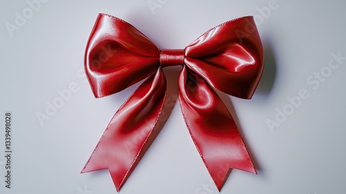 A festive red bow with silky texture, symmetrically tied on a white background.