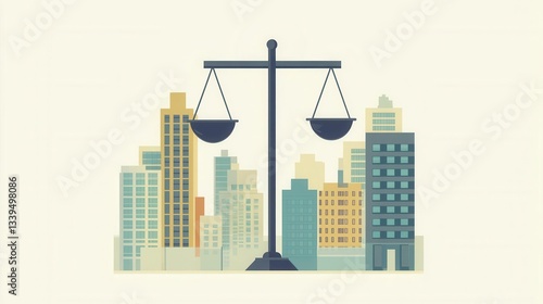 A balanced scale in the foreground with a cityscape background, symbolizing justice and fairness in urban life.