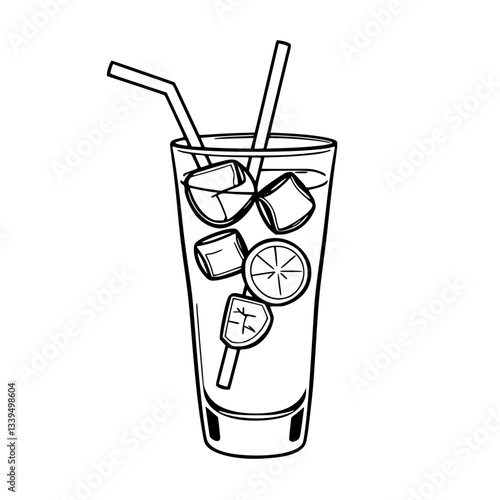 Refreshing Iced Citrus Drink Illustration  with Straws and Ice Cubes                                