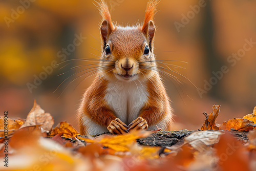 Ginger squirrel hands clasped amidst vibrant autumn leaves framed by a warm autumnal forest backdrop.