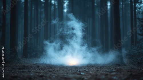Mystical fog in a dark forest. A soft, ethereal light emanates from the center of a swirling cloud of fog, creating an otherworldly ambiance within a dense woodland