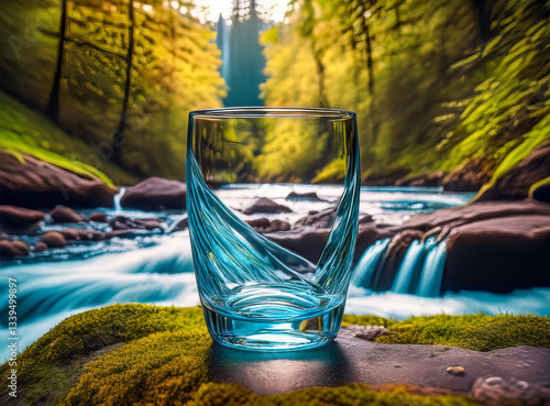 Water glass in front of flowing forest stream