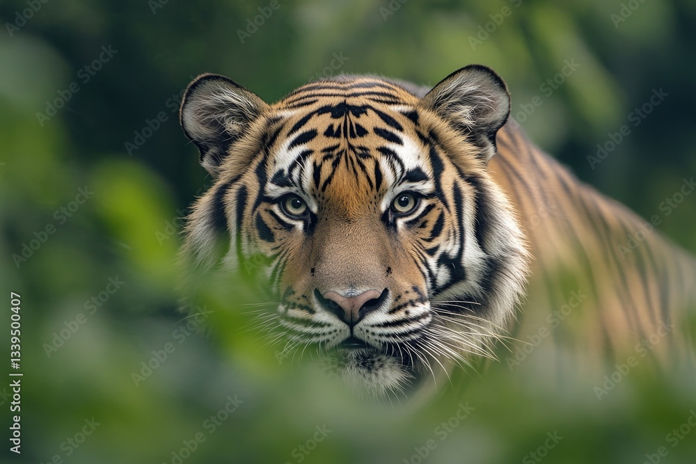 Fototapeta premium tiger emerging from dense bamboo forest with its piercing eyes locked on camera