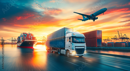Global logistics and transportation at sunset, Multimodal freight with truck, cargo ship and airplane against dramatic sky, Commercial shipping and supply chain concept