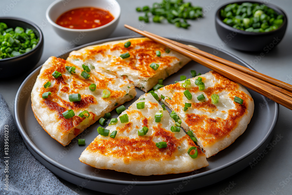 korean-style enigmatic green onion pancakes with gochujang sauce, korean-style enigmatic green onion pancakes with gochujang sauce,