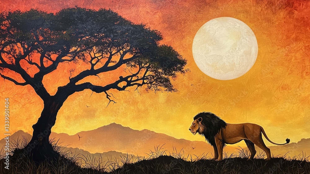 Naklejka premium A lions silhouette against the backdrop of a fiery sunset, capturing the untamed beauty of Africa savanna.