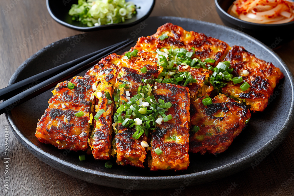 korean-style enigmatic green onion pancakes with gochujang sauce, korean-style enigmatic green onion pancakes with gochujang sauce,