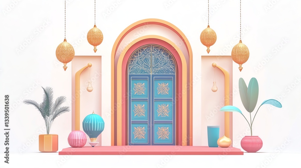 custom made wallpaper toronto digitalStylized Middle Eastern Door Scene with Festive Ornaments and Potted Plants