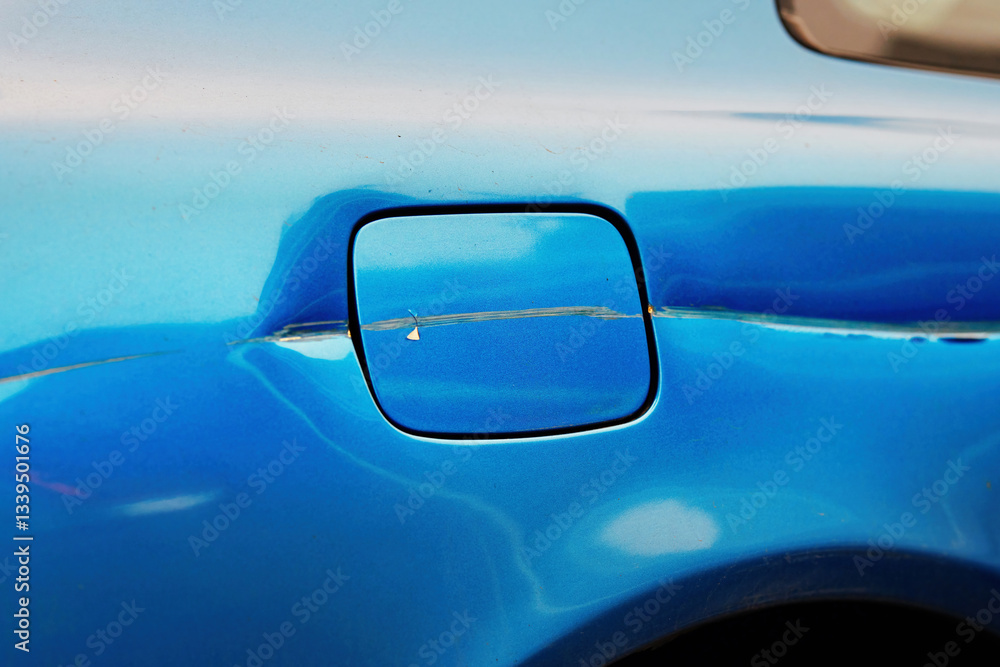 Scratched fuel lid on car with chipped paint and scuff marks close-up. Paint scratches and surface damage on car's fuel door and rear panel, showing corrosion and minor dents. Selective focus