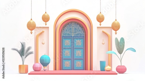 Wallpaper Mural Stylized Middle Eastern Door Scene with Festive Ornaments and Potted Plants Torontodigital.ca
