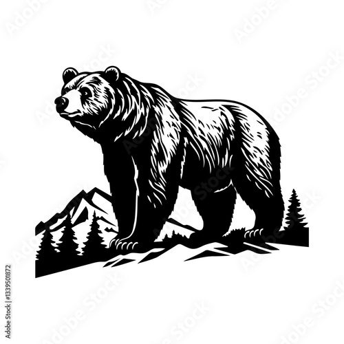 Grizzly Bear with Mountains. Wild natural landscape with bear. Vector illustration