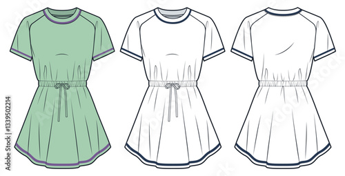 Casual Sporty Dress with Drawstring Waist Technical Fashion Illustration. Jersey Mini Dress fashion flat technical drawing template, raglan sleeve, front back view, white, green, women CAD mockup set.