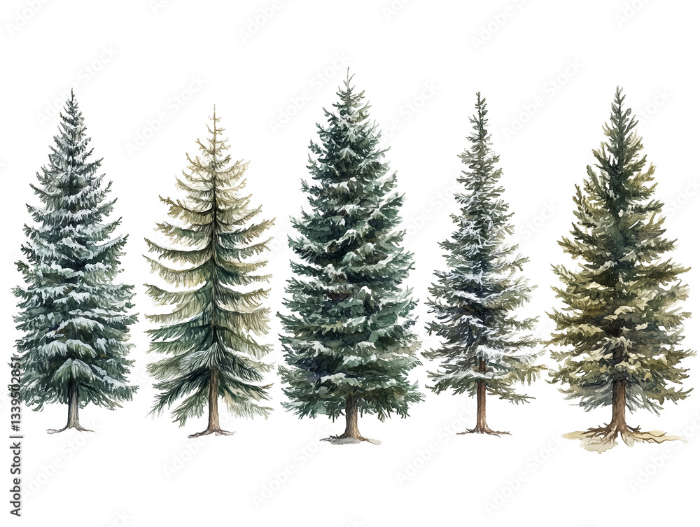 Fototapeta premium PNG cut out isolated background. A beautifully detailed watercolor illustration featuring five evergreen trees with varying shades of green and snow-covered branches.