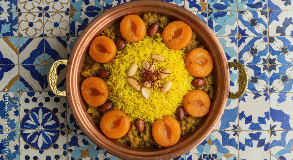 Serving Apricot Rice Dish with Almonds in a Copper Pot Serving Apricot Rice Dish with Almonds in a Copper Pot