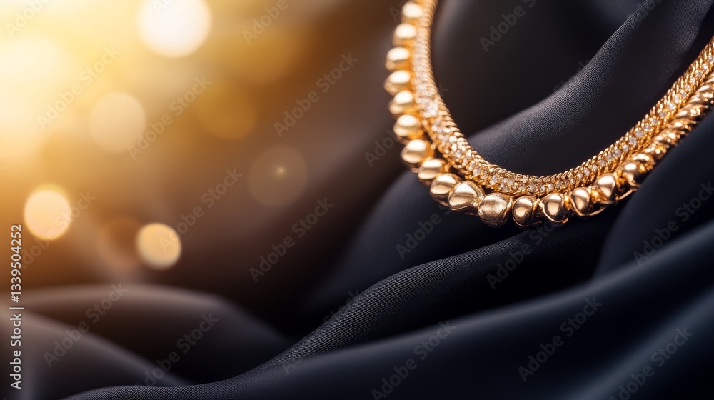 Fototapeta premium Elegant gold necklace draped on luxurious black fabric with soft bokeh background