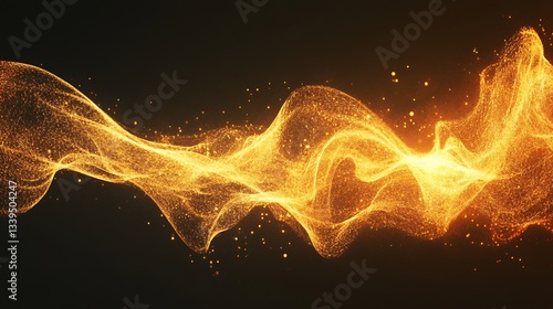 Abstract golden wave of particles on black background.
