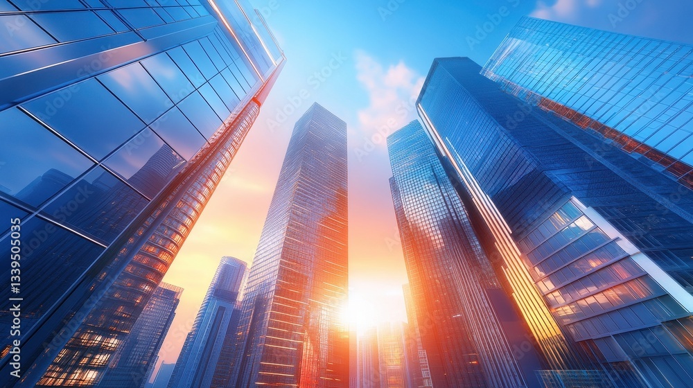 Modern towering glass skyscrapers ascend towards a vibrant blue sky sunset Modern towering glass skyscrapers ascend towards a vibrant blue sky sunset