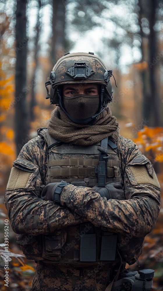 Fototapeta premium Silhouette of a soldier in the forest, fall leaves on the ground, military equipment, protective helmet and mask, tactical glove, will be appropriate for themes related to military operations