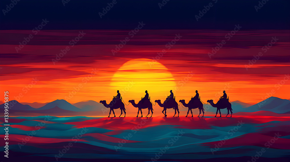 Naklejka premium A colorful caravan crossing the Namib Desert, with camels and riders silhouetted against a glowing orange horizon